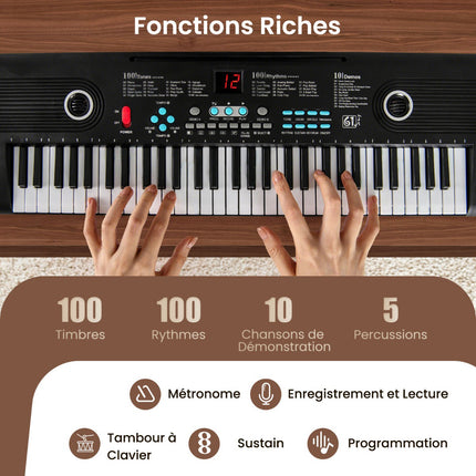 61-Key Beginner Keyboard Piano, Mic & Case, Black/Purple