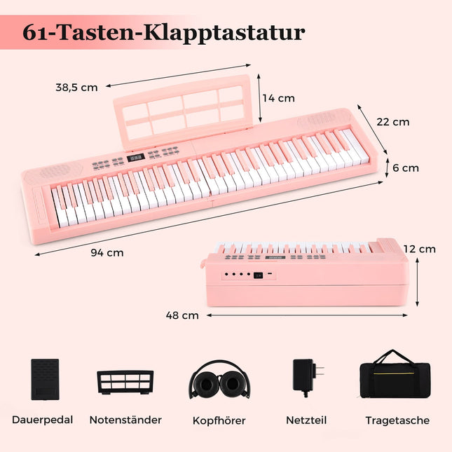 61-Key Foldable Electronic Keyboard with MIDI, Pink