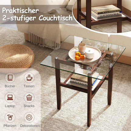 61 cm long and wide glass side table 2-tier glass table with storage space brown