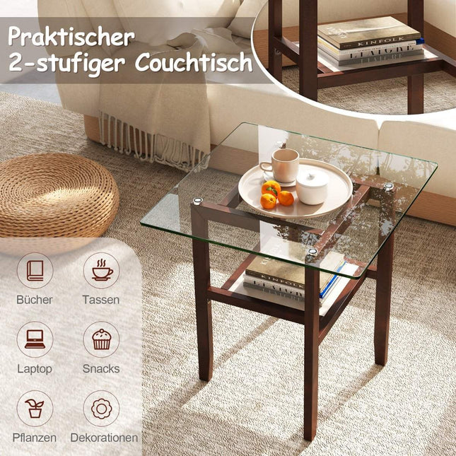 61 cm long and wide glass side table 2-tier glass table with storage space brown