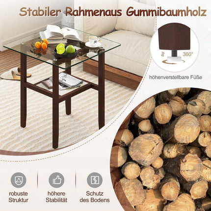 61 cm long and wide glass side table 2-tier glass table with storage space brown