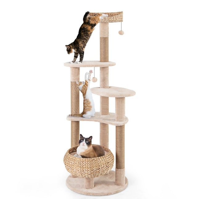 64" Scratching Post with Perch & Cattail Basket Bed 6 Tier Climbing Tree Cat Tree