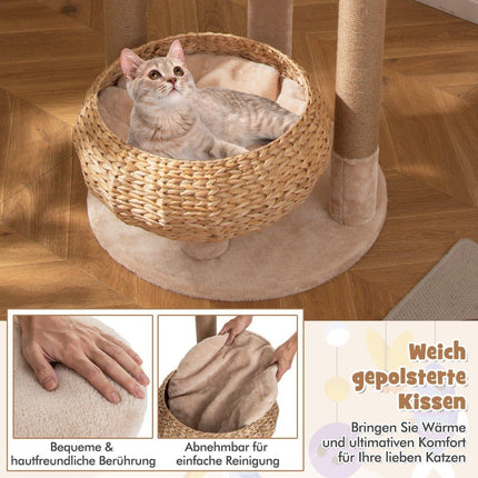 64" Scratching Post with Perch & Cattail Basket Bed 6 Tier Climbing Tree Cat Tree