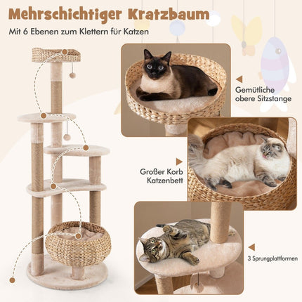64" Scratching Post with Perch & Cattail Basket Bed 6 Tier Climbing Tree Cat Tree