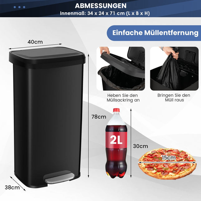 Zwarte keukenafvalbak van 68 liter met soft-close deksel.