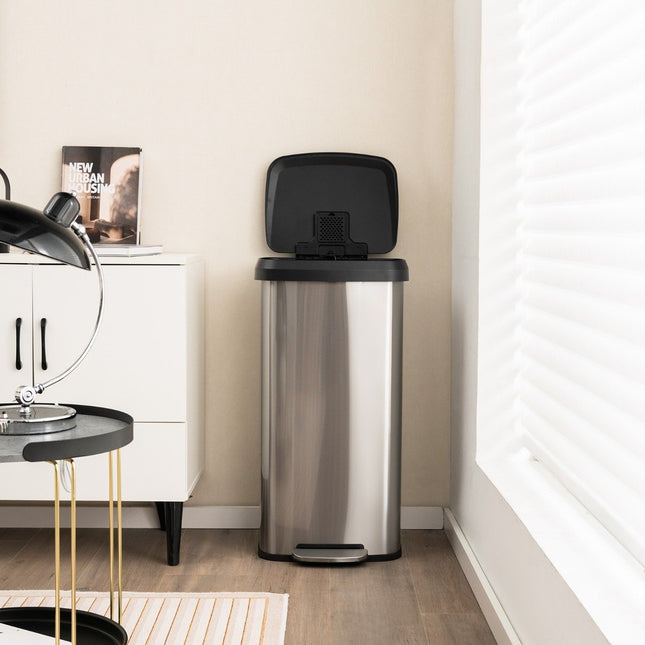 68L Kitchen Trash Can with Soft Closing Lid & Deodorization Compartment Waste Bin Silver