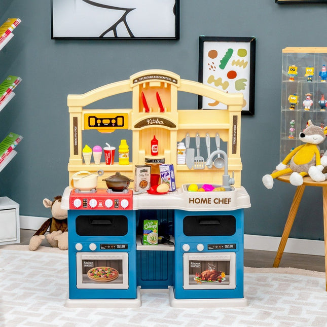 69-piece children's kitchen including accessories, play kitchen with lights, steam, music, and sound, blue