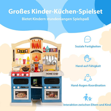 69-piece children's kitchen including accessories, play kitchen with lights, steam, music, and sound, blue