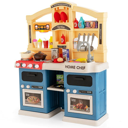 69-piece children's kitchen including accessories, play kitchen with lights, steam, music, and sound, blue