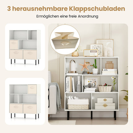 6-Cube Bookshelf with 3 Removable Fabric Drawers, White