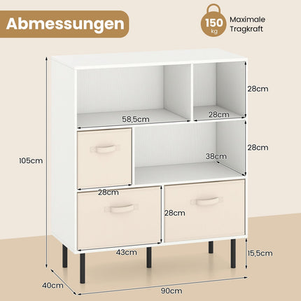 6-Cube Bookshelf with 3 Removable Fabric Drawers, White