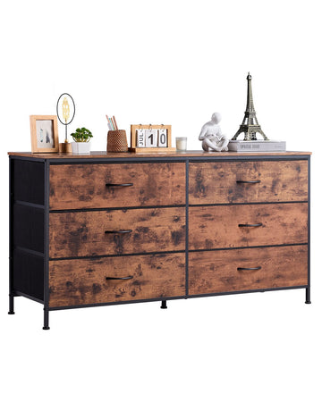 6-Drawer Fabric Dresser with Steel Frame, Rustic Brown