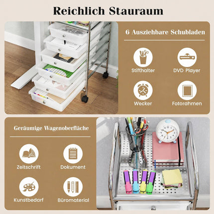 6-Drawer Rolling Cart with Metal Top & Lockable Wheels