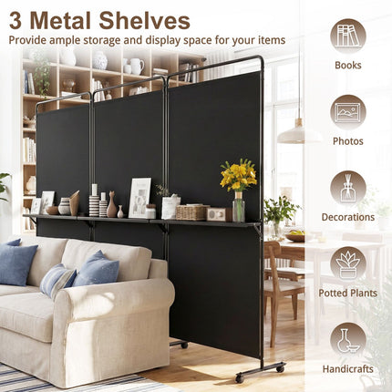 6 FT Black Room Divider with Shelves and Lockable Wheels