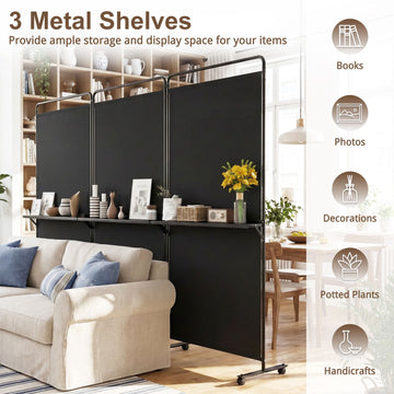 6 FT Black Room Divider with Shelves and Lockable Wheels