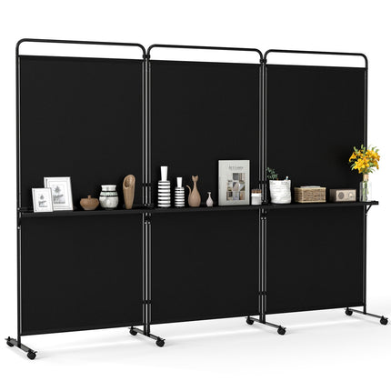 6 FT Black Room Divider with Shelves and Lockable Wheels