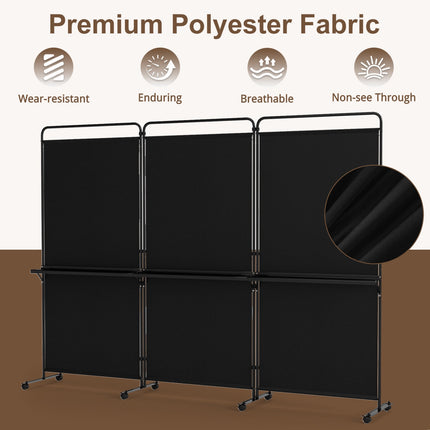 6 FT Black Room Divider with Shelves and Lockable Wheels