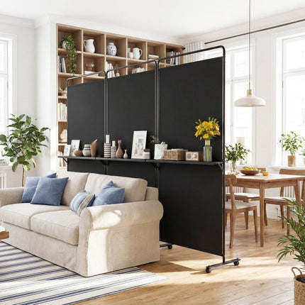 6 FT Black Room Divider with Shelves and Lockable Wheels