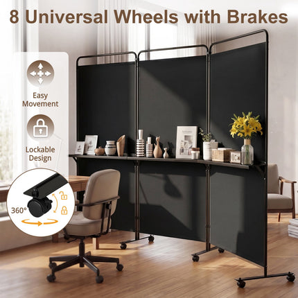 6 FT Black Room Divider with Shelves and Lockable Wheels