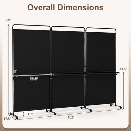 6 FT Black Room Divider with Shelves and Lockable Wheels