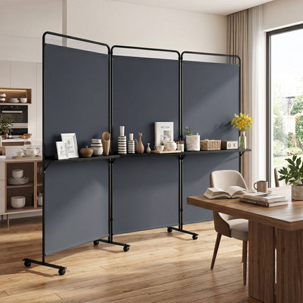 6 Ft Folding Room Divider with Shelves and Wheels - Grey