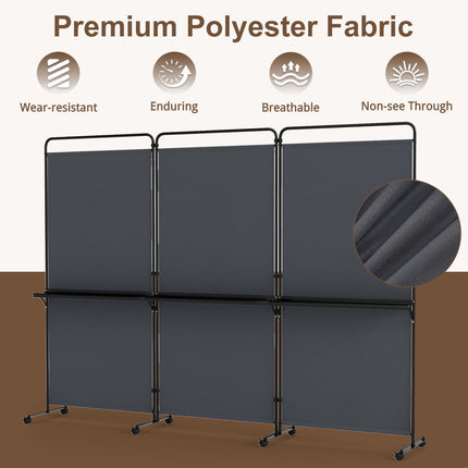 6 Ft Folding Room Divider with Shelves and Wheels - Grey