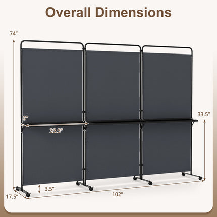 6 Ft Folding Room Divider with Shelves and Wheels - Grey