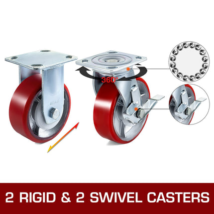 6-Inch Polyurethane Casters, 4 Pack, 2 Swivel 2 Rigid, Brakes