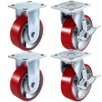 6-Inch Polyurethane Casters, 4 Pack, 2 Swivel 2 Rigid, Brakes