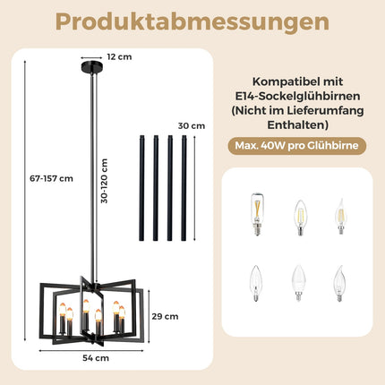 6-Light Industrial Chandelier, Adjustable Height, Black