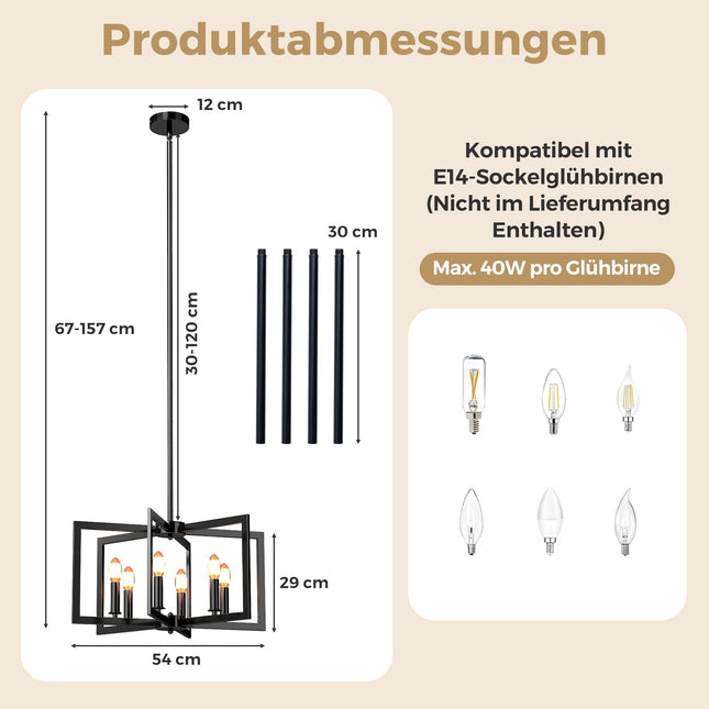 6-Light Industrial Chandelier, Adjustable Height, Black