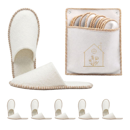 6 Pairs Beige Felt Guest Slippers with Storage Bag