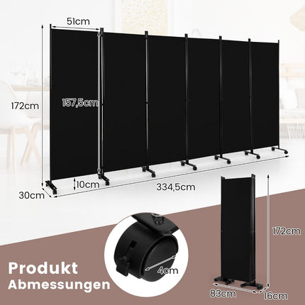 6-Panel Folding Room Divider with Lockable Wheels, 172cm