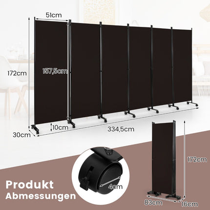 6-Panel Folding Room Divider with Lockable Wheels, Brown