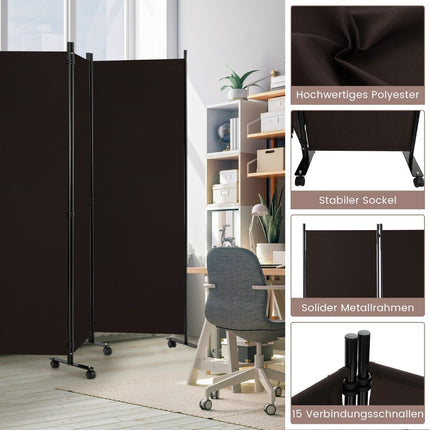 6-Panel Folding Room Divider with Lockable Wheels, Brown