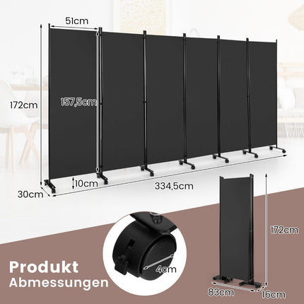 6-Part Foldable Room Divider 172 cm High Privacy Screen with Lockable Wheels Gray