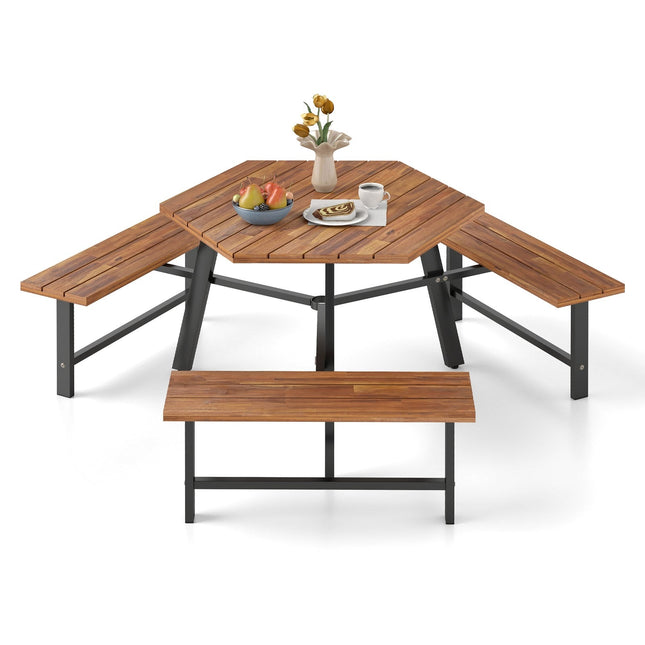 6-Person Acacia Wood Picnic Table Set with Umbrella Hole