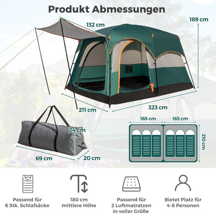 6-Person Camping Tent with 2 Rooms, Rainfly, Mesh Windows