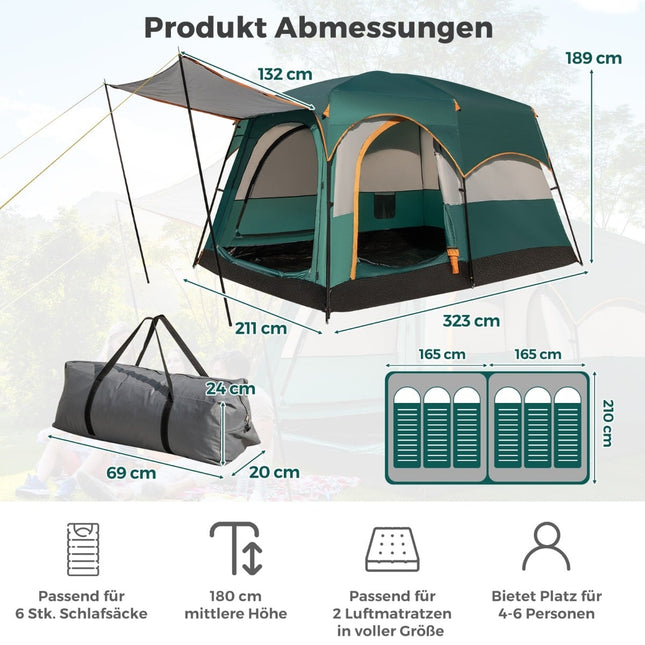 6-Person Camping Tent with 2 Rooms, Rainfly, Mesh Windows