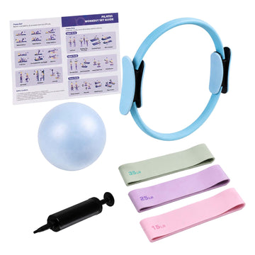 6-Piece Pilates Set with Ring, Ball, Bands – Blue