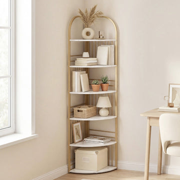 6-Tier Corner Bookshelf, Freestanding Metal Frame, White