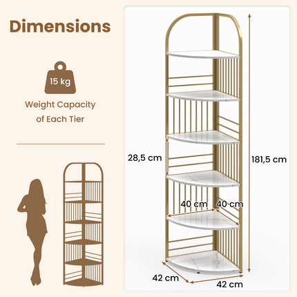 6-Tier Corner Bookshelf, Freestanding Metal Frame, White