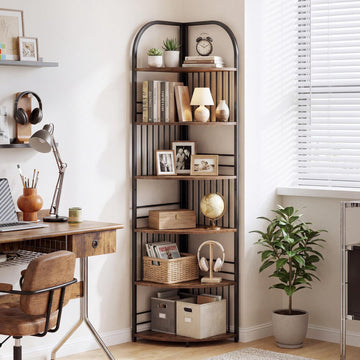 6-Tier Corner Bookshelf, Tall Metal Frame, Rustic Brown