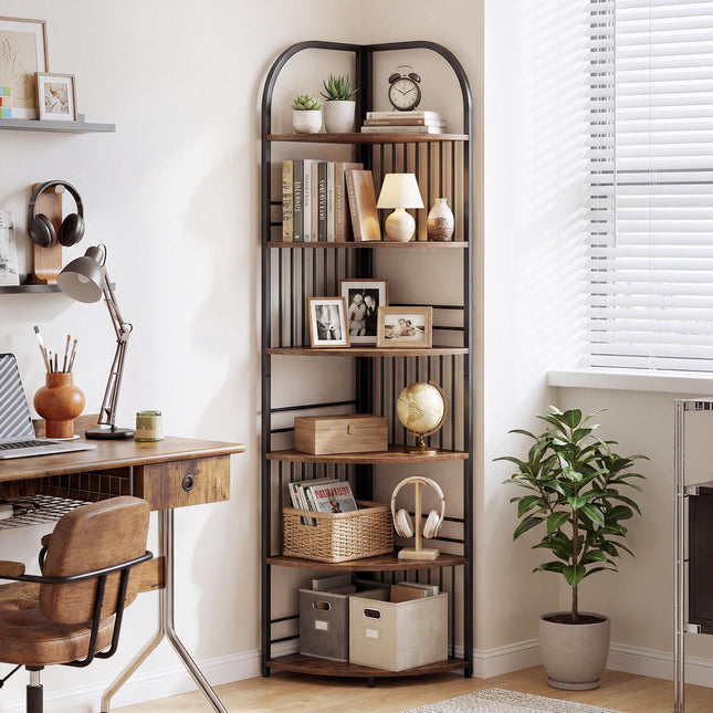 6-Tier Corner Bookshelf, Tall Metal Frame, Rustic Brown
