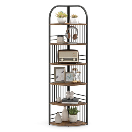 6-Tier Corner Bookshelf, Tall Metal Frame, Rustic Brown