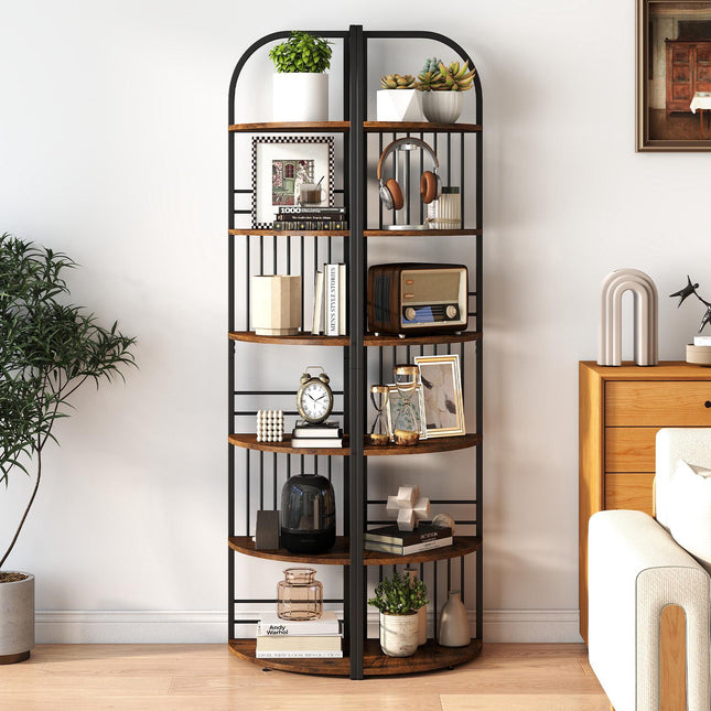 6-Tier Corner Bookshelf, Tall Metal Frame, Rustic Brown