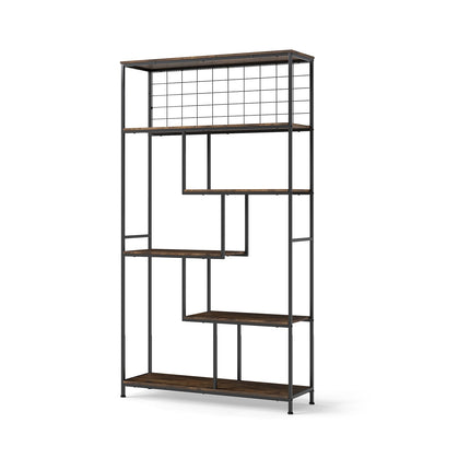 6-Tier Freestanding Bookshelf with Metal Grid, Rustic Brown
