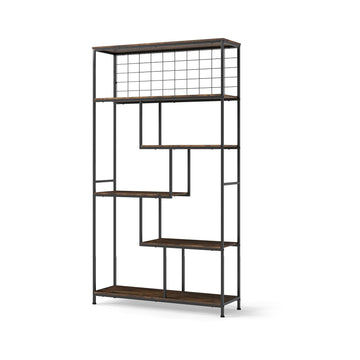 6-Tier Freestanding Bookshelf with Metal Grid, Rustic Brown