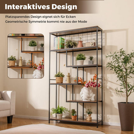 6-Tier Freestanding Bookshelf with Metal Grid, Rustic Brown