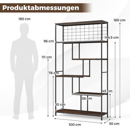 6-Tier Freestanding Bookshelf with Metal Grid, Rustic Brown